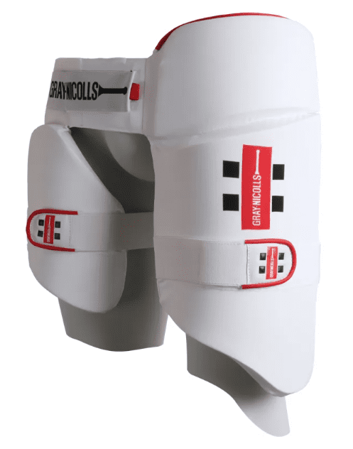 Side view of Gray-Nicolls All-in-One 360 Thigh Pad – White with hip, inner and outer thigh guards