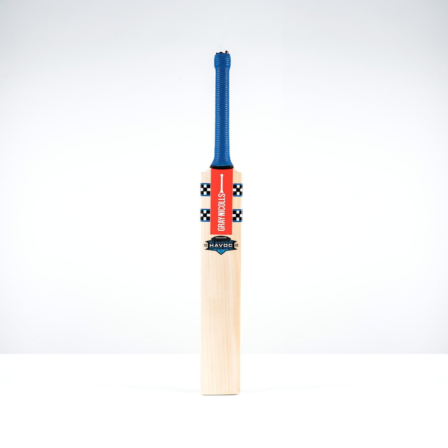 Front view of Gray-Nicolls Havoc Gen 1.0 Neo Core Players Edition cricket bat with blue handle