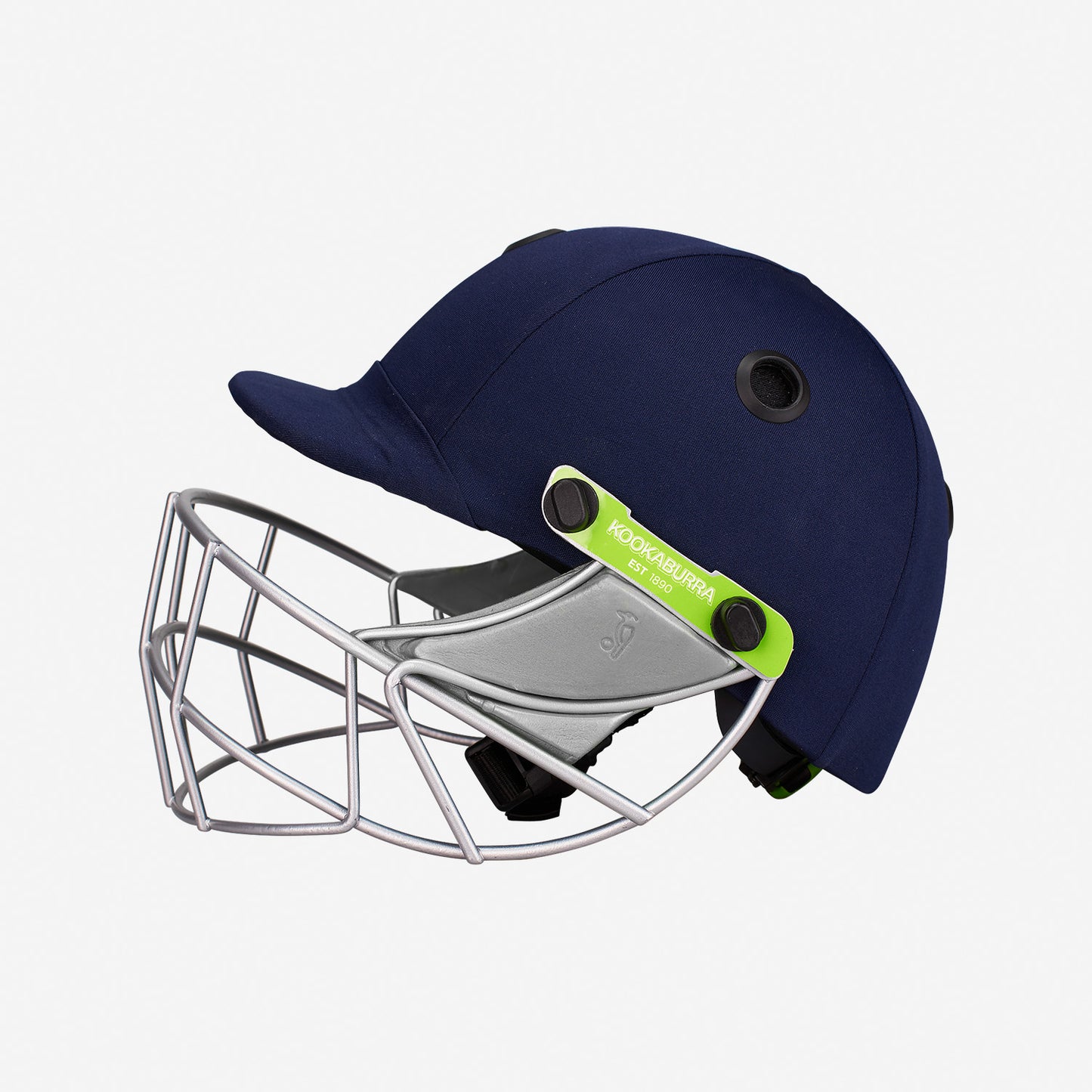 ookaburra Pro 600F Batting Helmet Navy – Front side view with steel faceguard and cloth cover