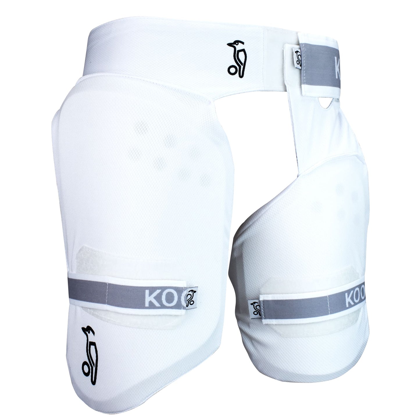 Kookaburra Pro Guard 500 thigh pad set front left hand view showing inner and outer thigh guards with dual waistband