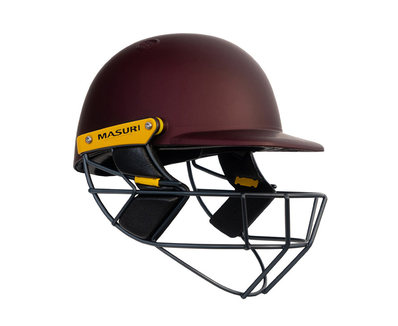 Masuri T-Line Plus Titanium senior cricket helmet in maroon with titanium grill, side profile view