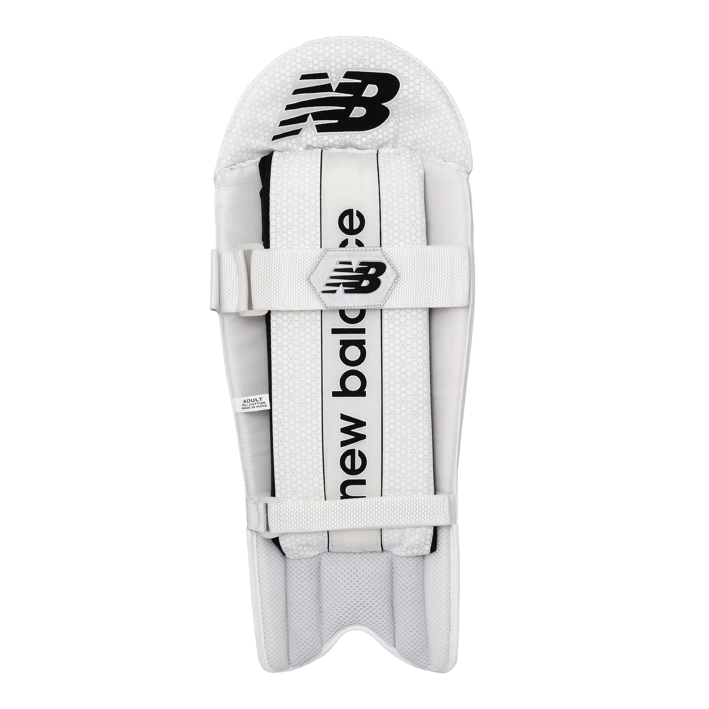 Rear view of New Balance 500 wicket keeping pads showing nylon straps and soft foam vertical bolster