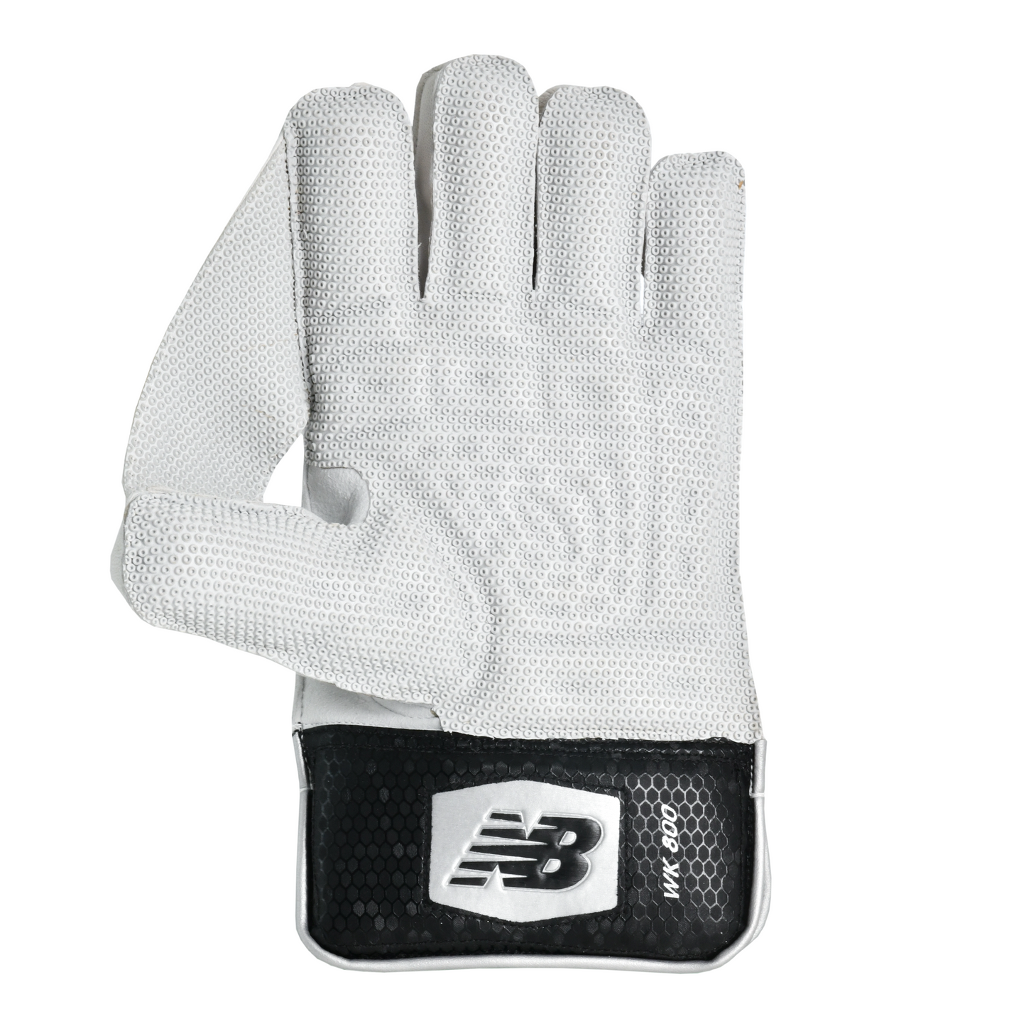 Palm view of New Balance 800 wicket keeping gloves showing octopus rubber grip sheet for enhanced catching control.
