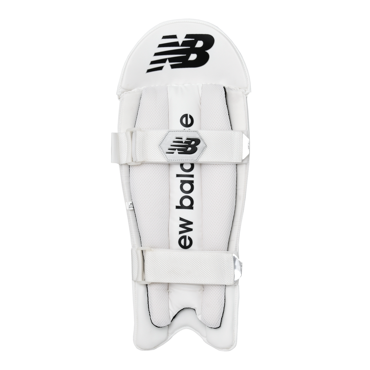 Rear view of New Balance 800 wicket keeping pads showing nylon straps and padded bolster system.