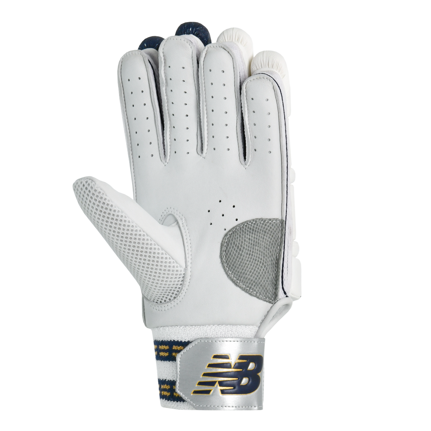 Palm view of New Balance DC 1000 batting gloves showing sheep leather palm and padded grip areas.