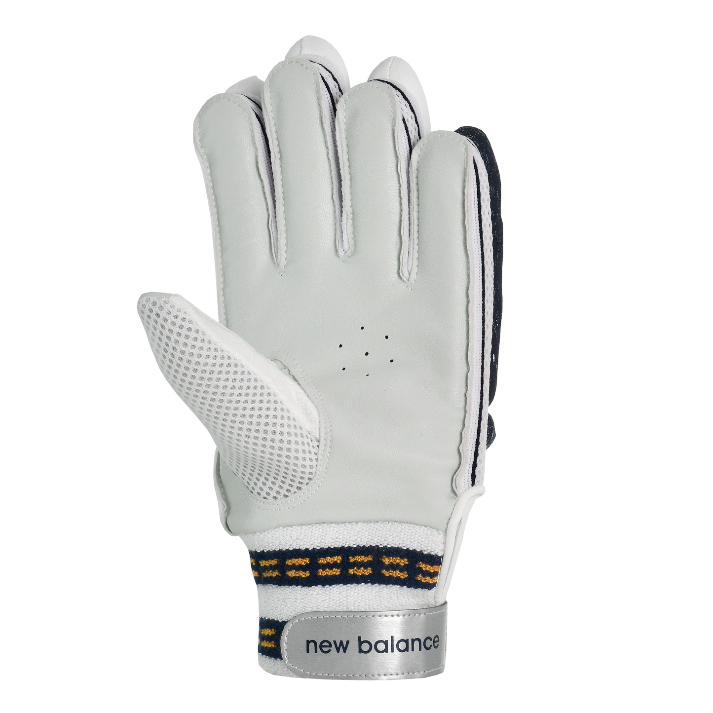 Palm view of New Balance DC 200 batting gloves showing ersatz leather palm and grip areas.