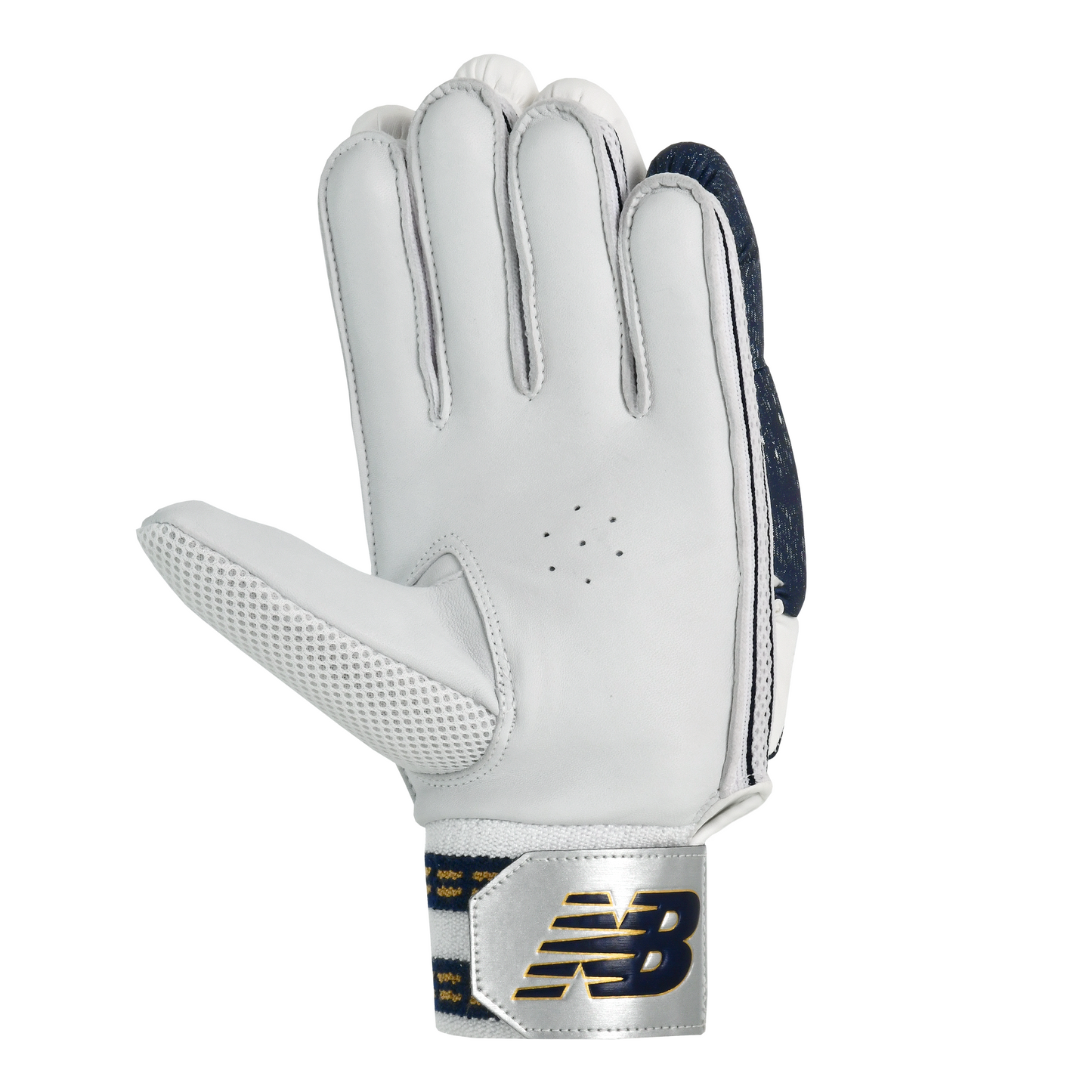 Palm view of New Balance DC 500 batting gloves showing sheep leather palm and padded grip areas.