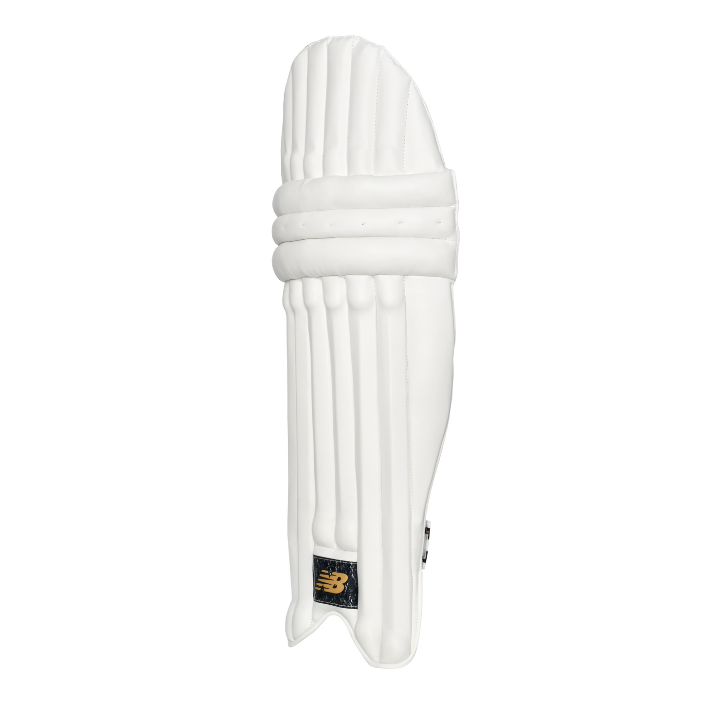 Side profile of New Balance DC 500 batting pad showing knee roll shape and instep protection.