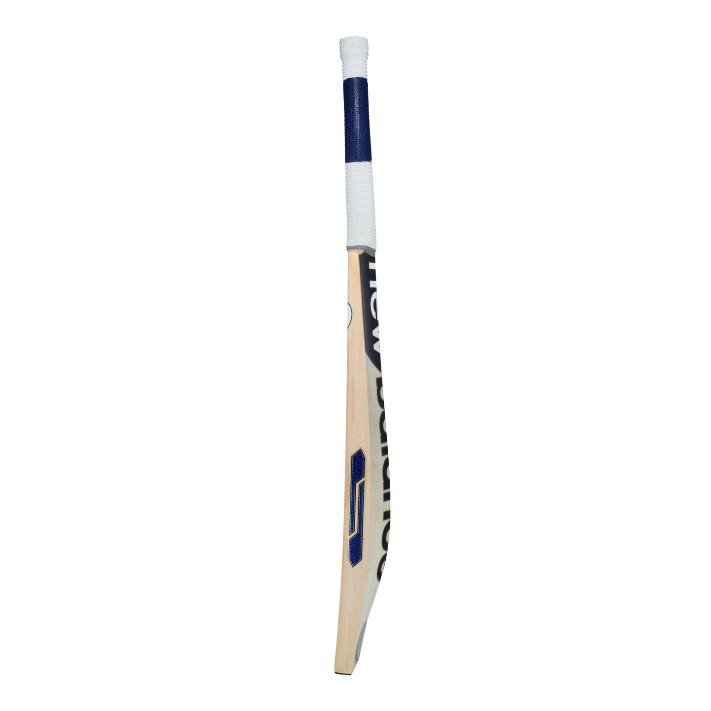 Side profile of the New Balance DC 500 MAX cricket bat showing mid to low swell and large edges.