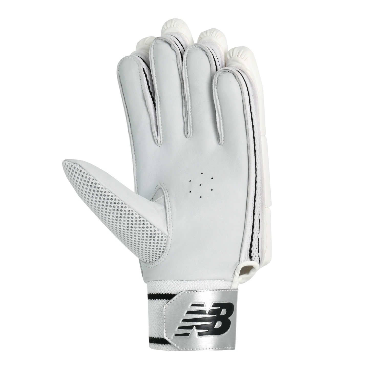 Palm view of New Balance Heritage 600 batting gloves showing sheep leather palm and padded grip areas.