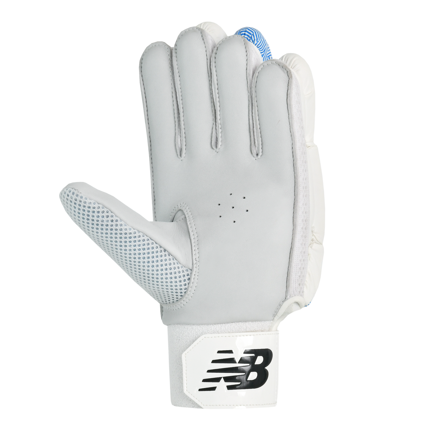 Palm view of New Balance TC 500 batting gloves showing sheep leather palm and padded grip area