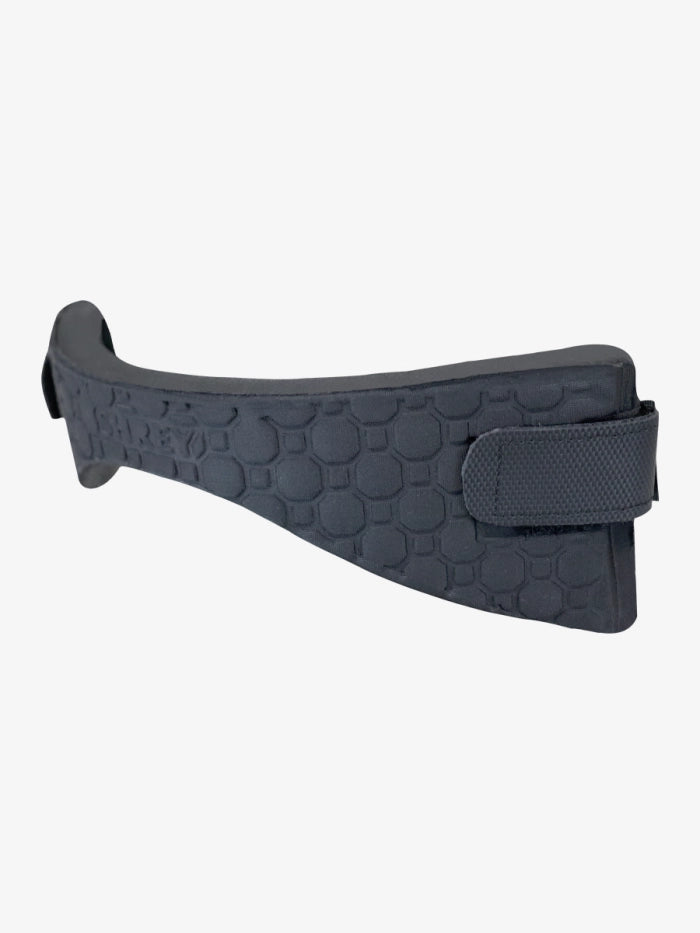 Shrey Pro Neck Protector black cricket helmet neck guard showing arc-shaped foam design and Velcro attachment straps