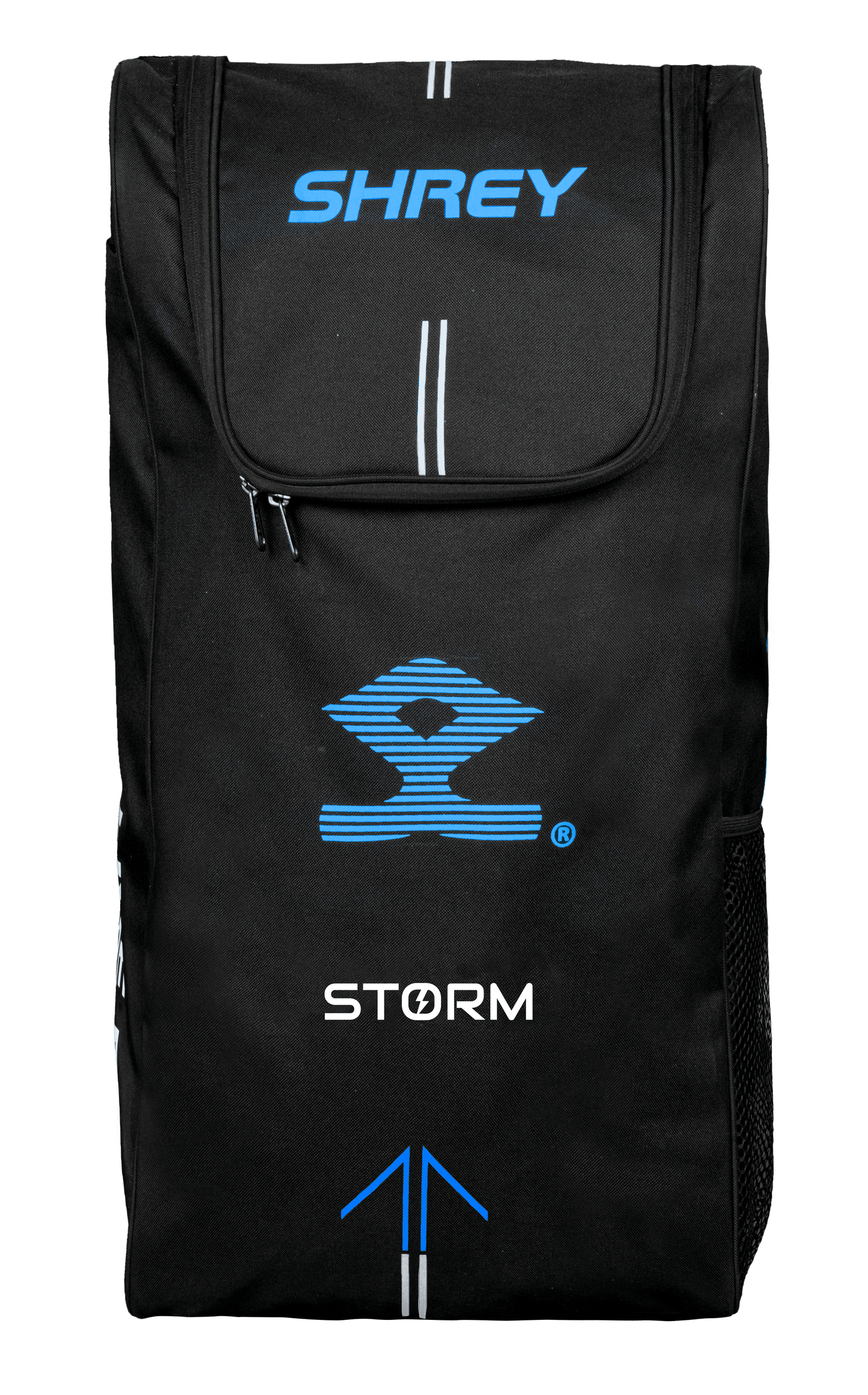 Shrey Storm cricket kit bag empty front view with zippered compartment and blue detailing