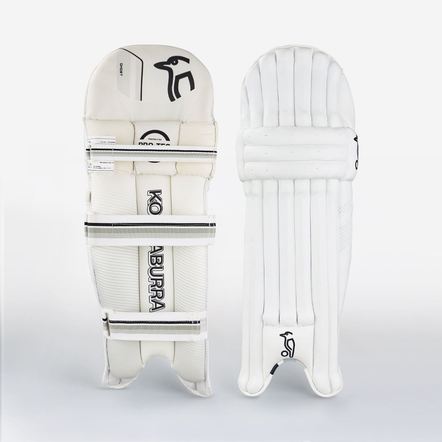 Kookaburra Ghost 5.1 batting pads showing front and back views with clean white finish and padded straps