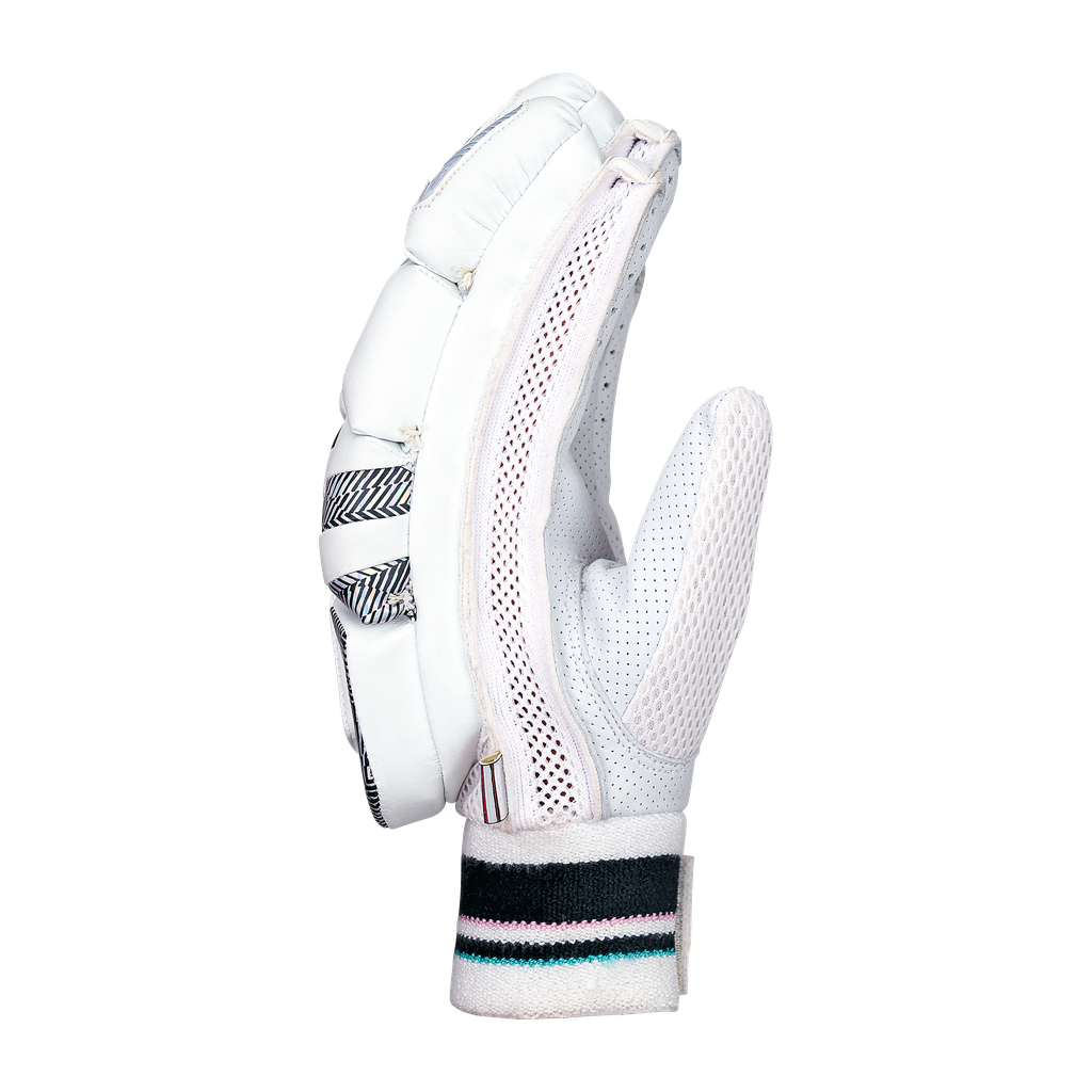 Angled view of a Kookaburra Prism 2.1 batting glove highlighting protection zones and flexibility.