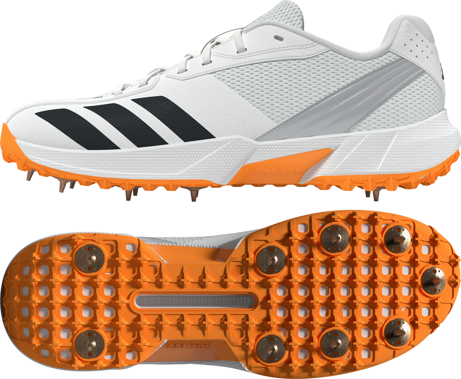 Pair of Adidas 22YDS cricket shoes on white background