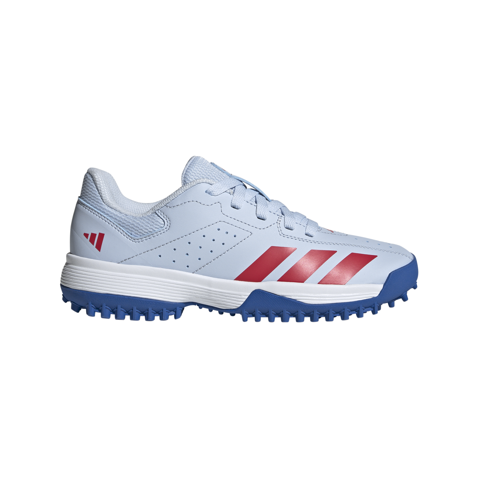 Profile view of the Adidas Howzat spikeless junior cricket shoe on artificial surface.