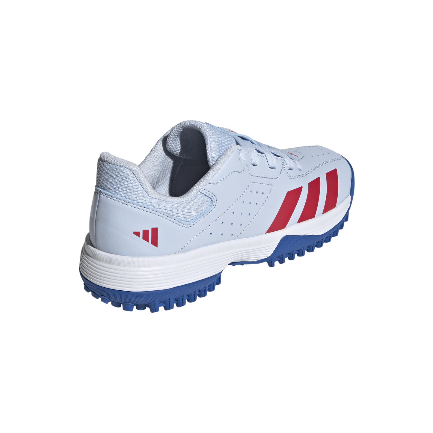 Rear view of the Adidas Howzat spikeless junior cricket shoe showing heel support.