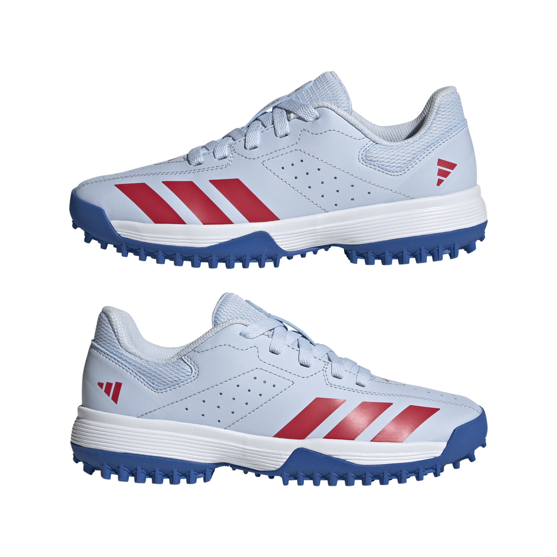 Side pair view of the Adidas Howzat spikeless junior cricket shoe in Crystal Sky colourway.