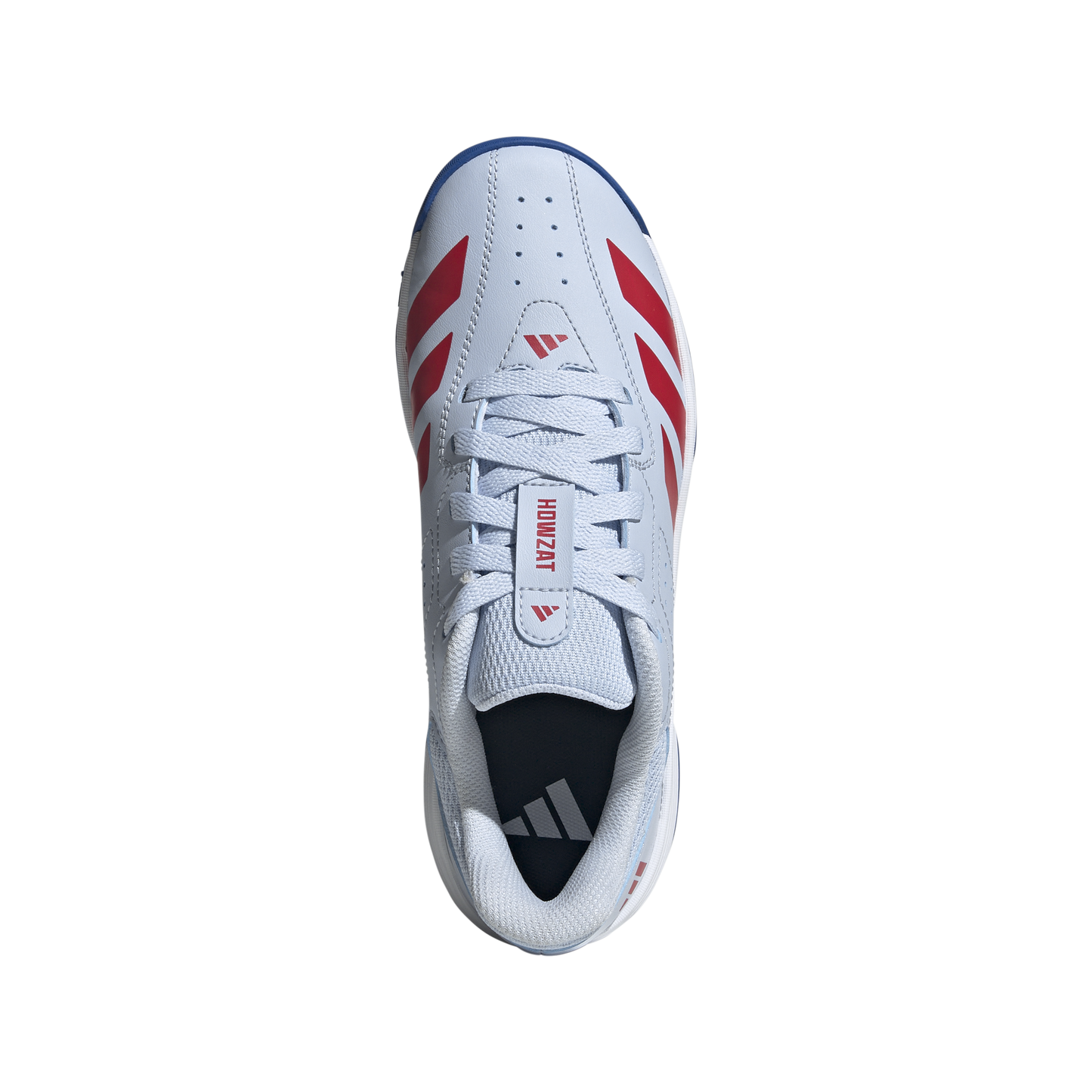Top-down view of the Adidas Howzat spikeless junior cricket shoe showing fit and padding.