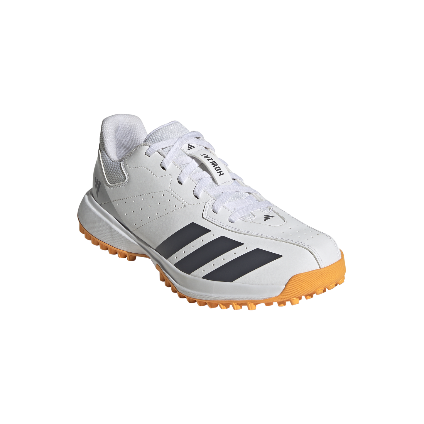 Angled view of the Adidas Howzat spikeless indoor cricket shoe showing upper design.