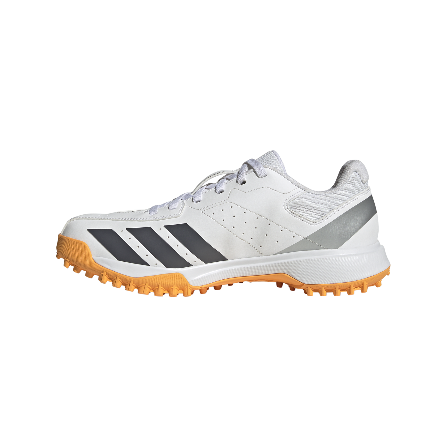Left Side view of the Adidas Howzat spikeless indoor cricket shoe with rubber outsole.