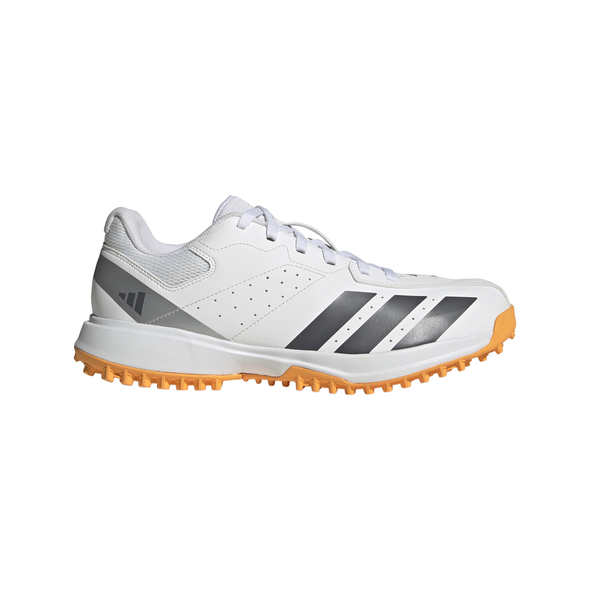 Single Side view of the Adidas Howzat spikeless indoor cricket shoe with rubber outsole.
