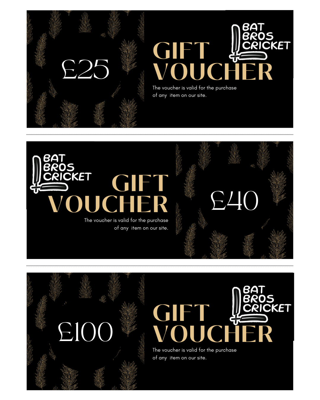 Group image of Bat Bros Cricket gift vouchers in all denominations