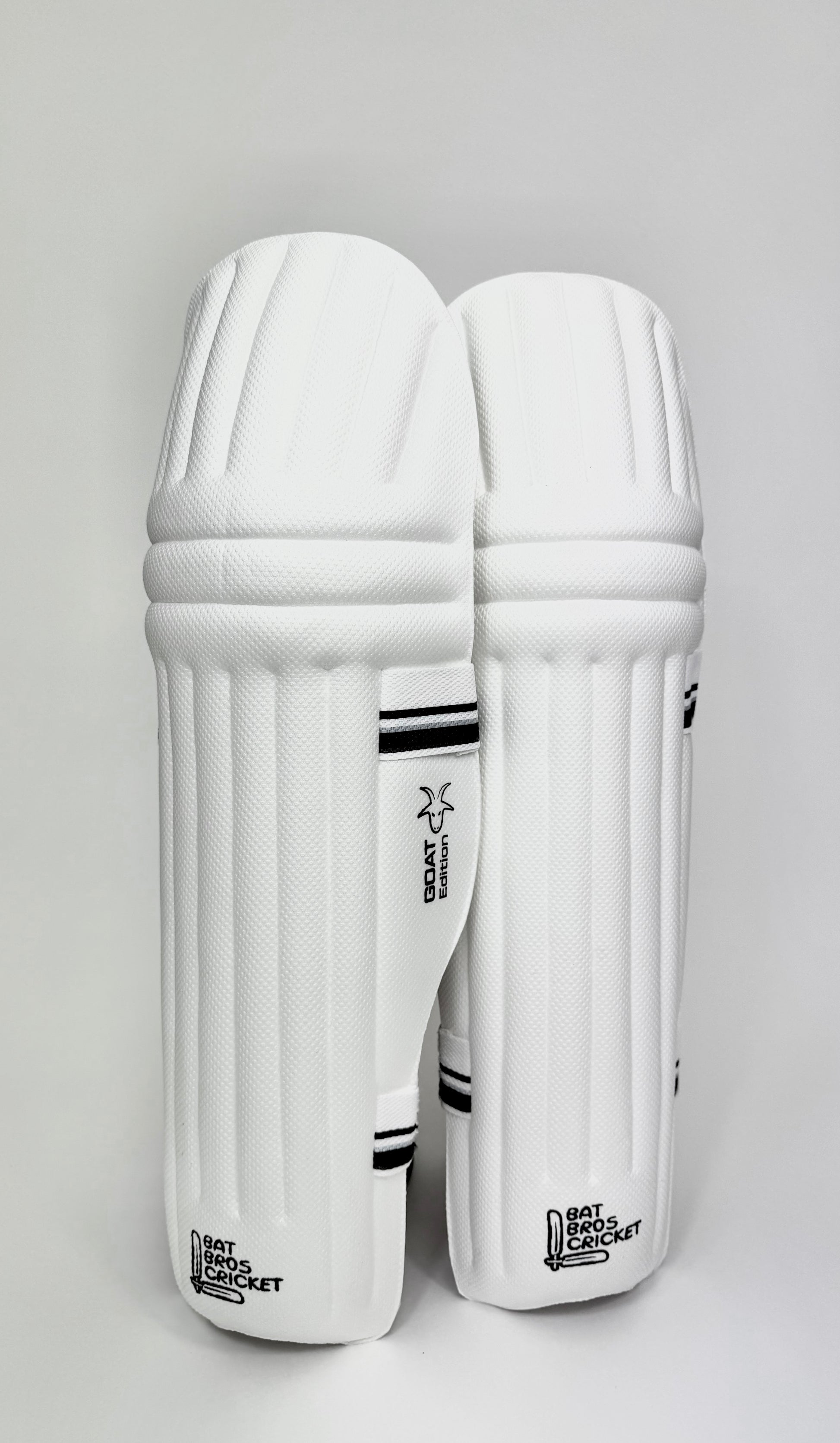 Front view of Bat Bros Goat Edition batting pads showing minimalist design and ultralight build