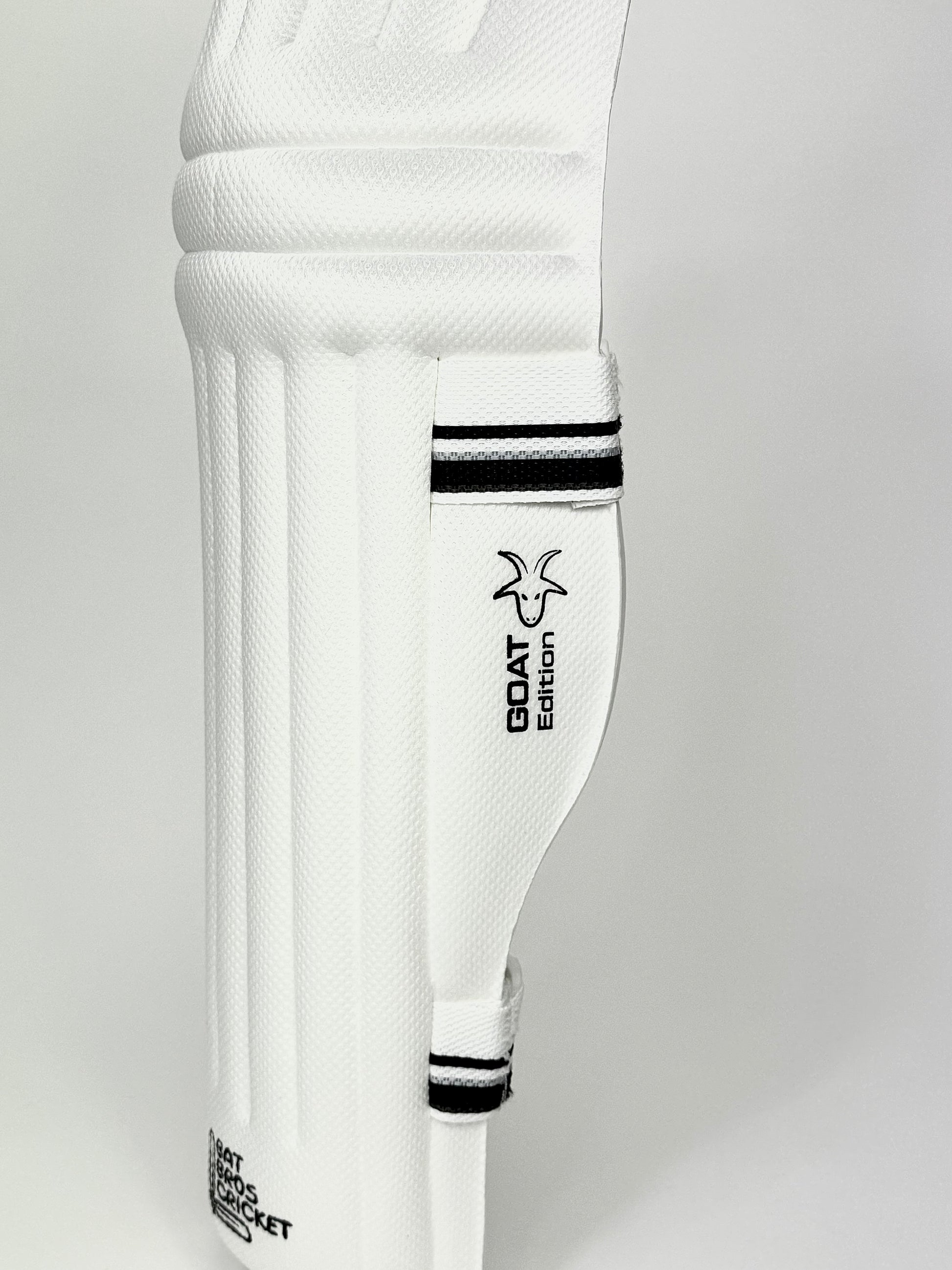 Close-up side view of Goat Edition batting pads showing branding and foam texture
