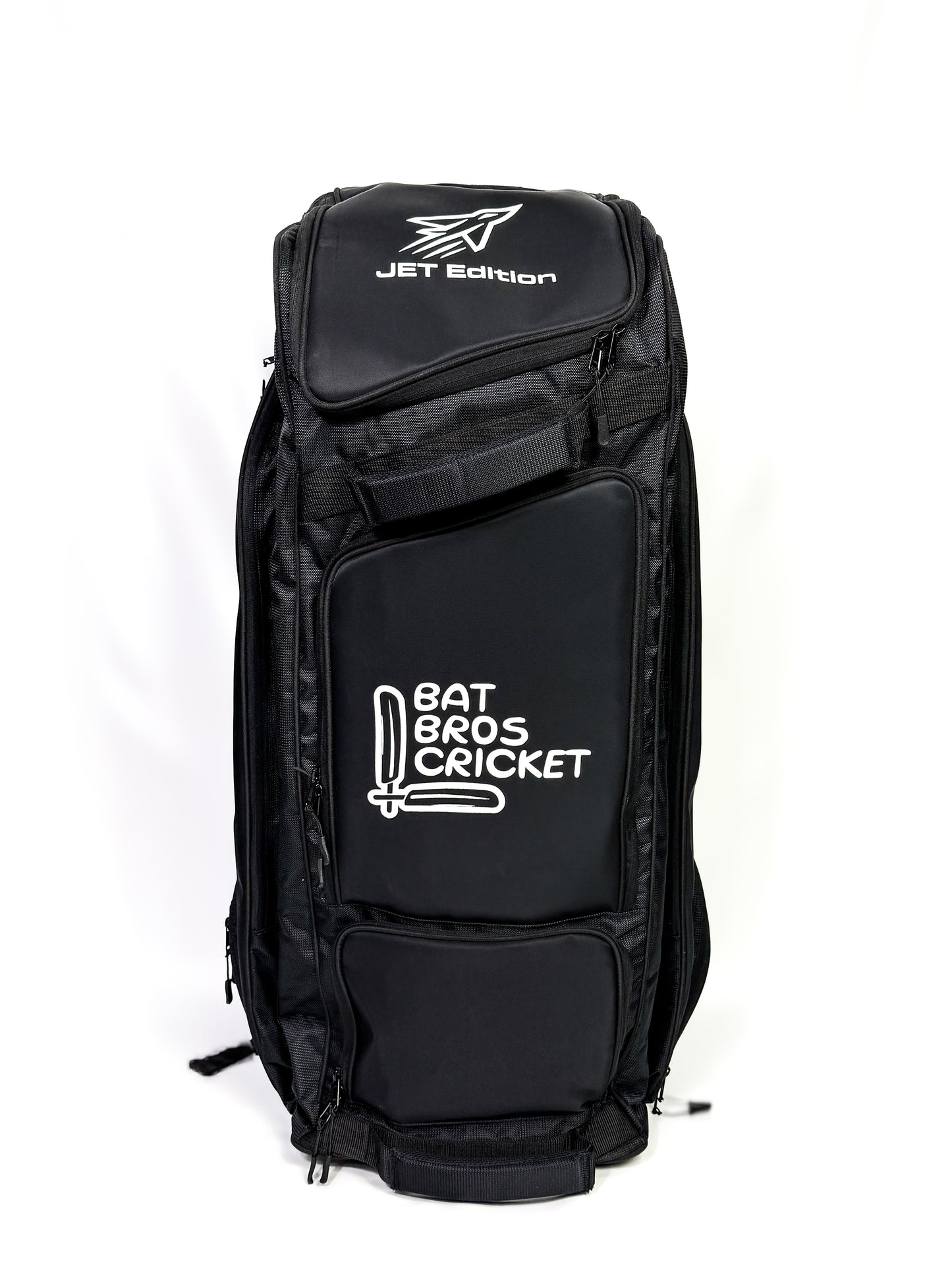 Front view of Bat Bros Cricket Jet Edition Wheelie Duffle Bag with logo and main zip
