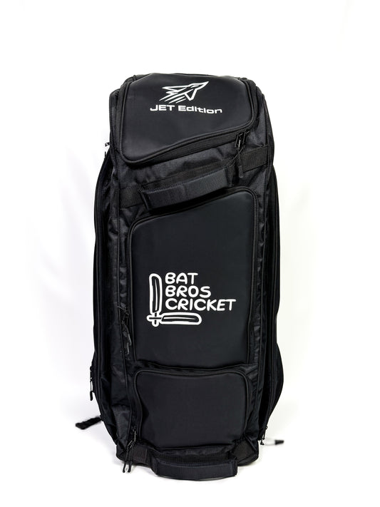 Front view of Bat Bros Cricket Jet Edition Wheelie Duffle Bag with logo and main zip

