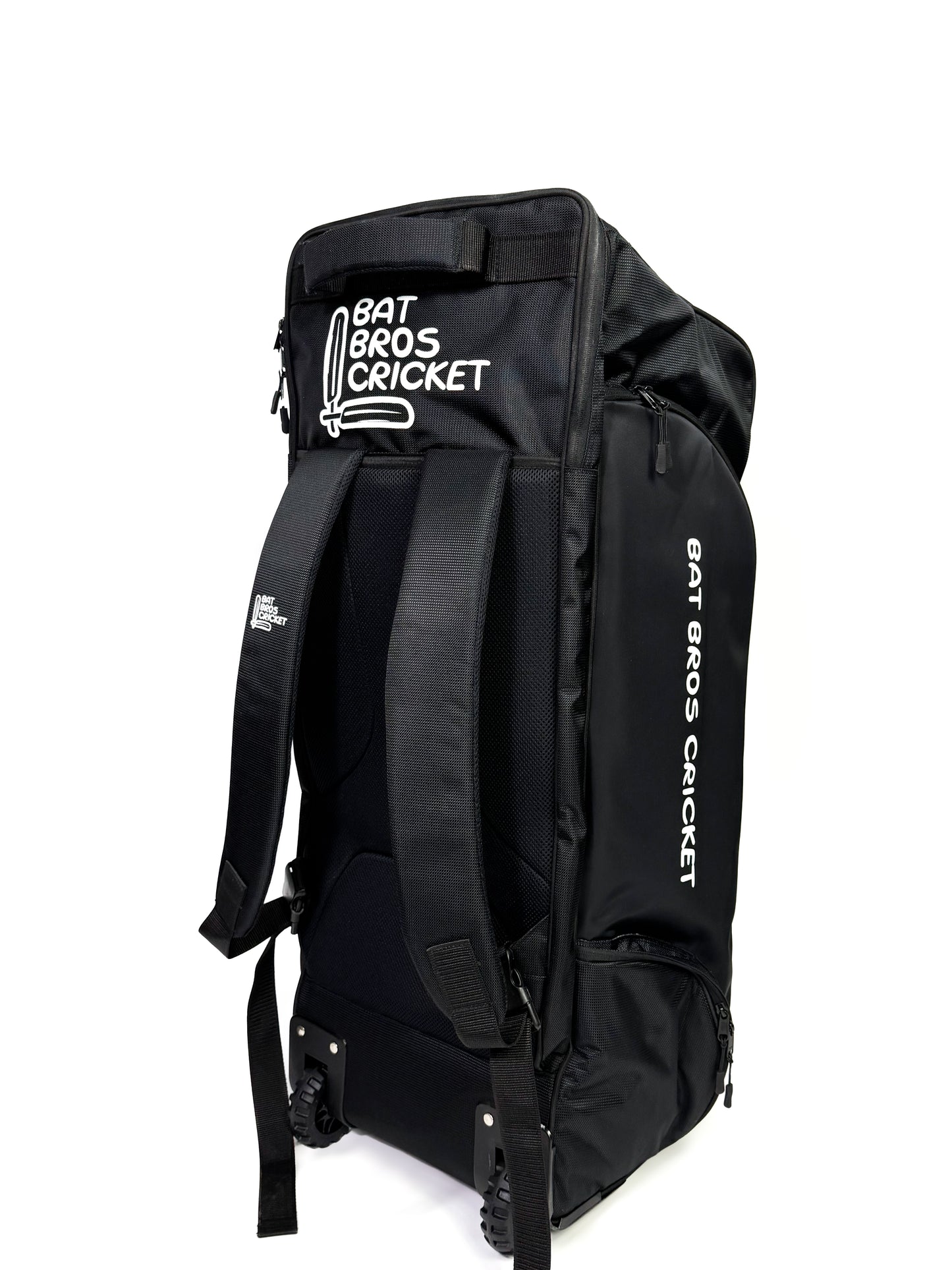 Side angle of Jet Edition cricket bag showing shoulder straps and branding