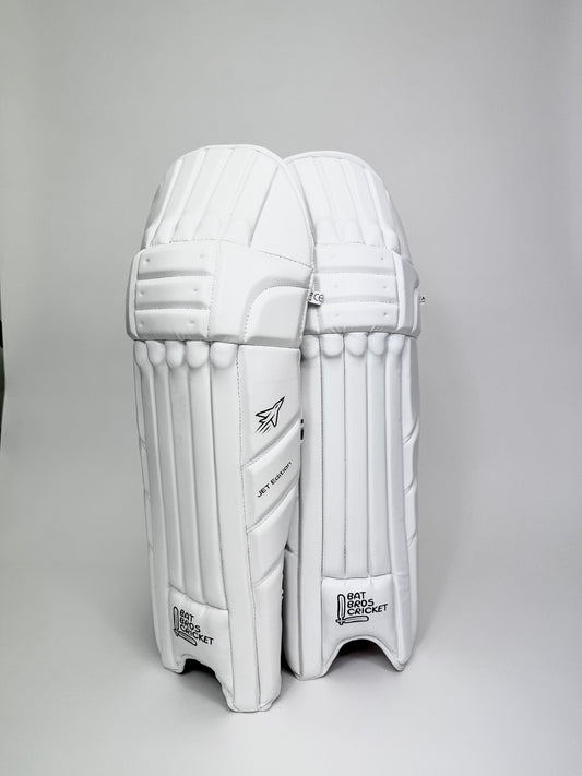 Front view of Bat Bros Jet Edition batting pads showing minimal styling and ambidextrous fit
