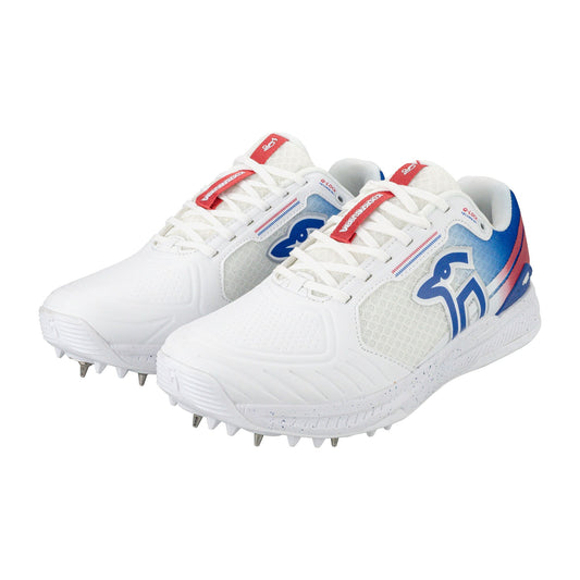 2025 Kookaburra KC 1.0 Spike Cricket Shoes – White/Blue/Red image 0