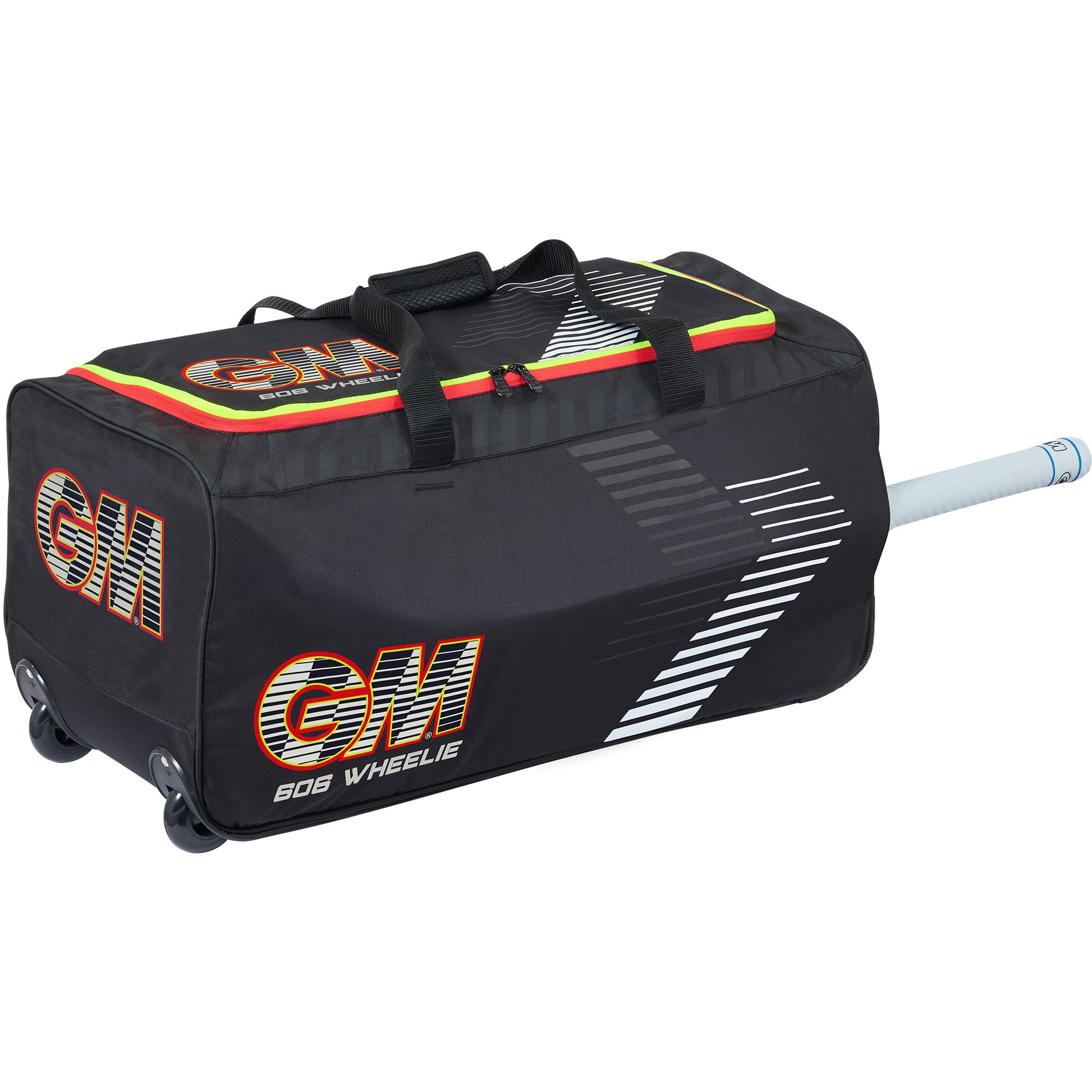Angled view of the GM 606 Diamond Wheelie cricket bag showing wheels and carry handles.