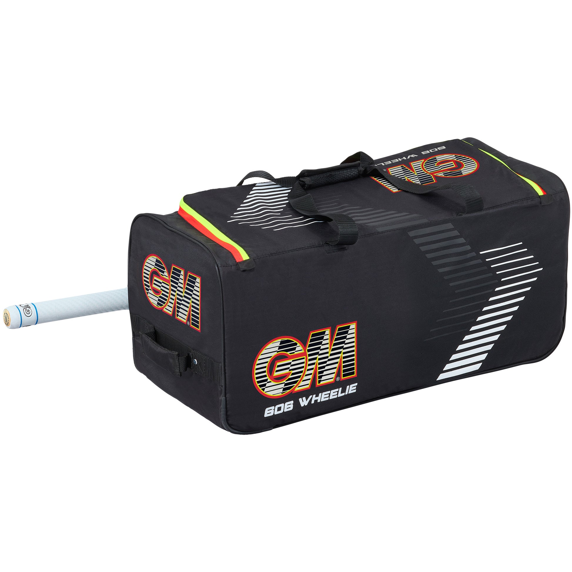 End view of the GM 606 Diamond Wheelie cricket bag showing bat sleeve opening and structure.