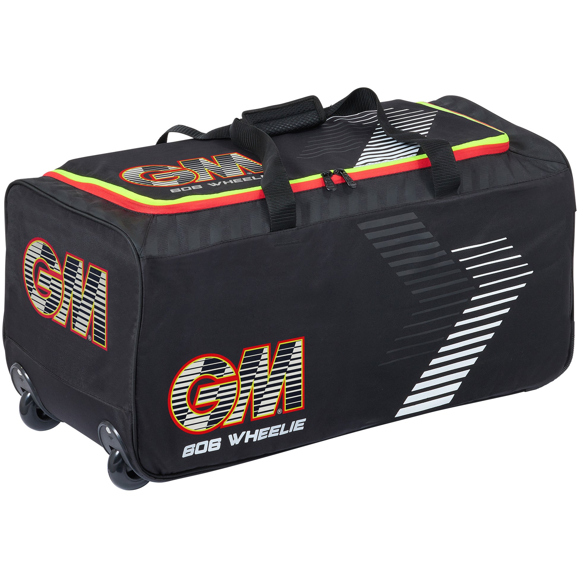 Front view of the GM 606 Diamond Wheelie cricket bag showing compact shape and GM branding.