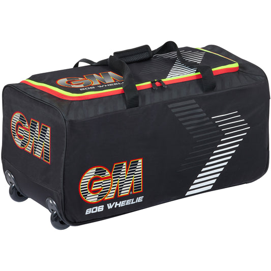 Front view of the GM 606 Diamond Wheelie cricket bag showing compact shape and GM branding.