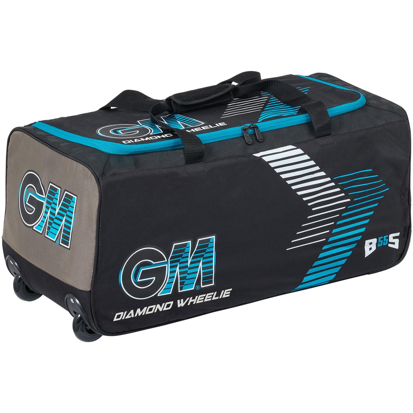 Side view of the GM 606 Diamond Wheelie cricket bag highlighting the sleek wheelie profile.