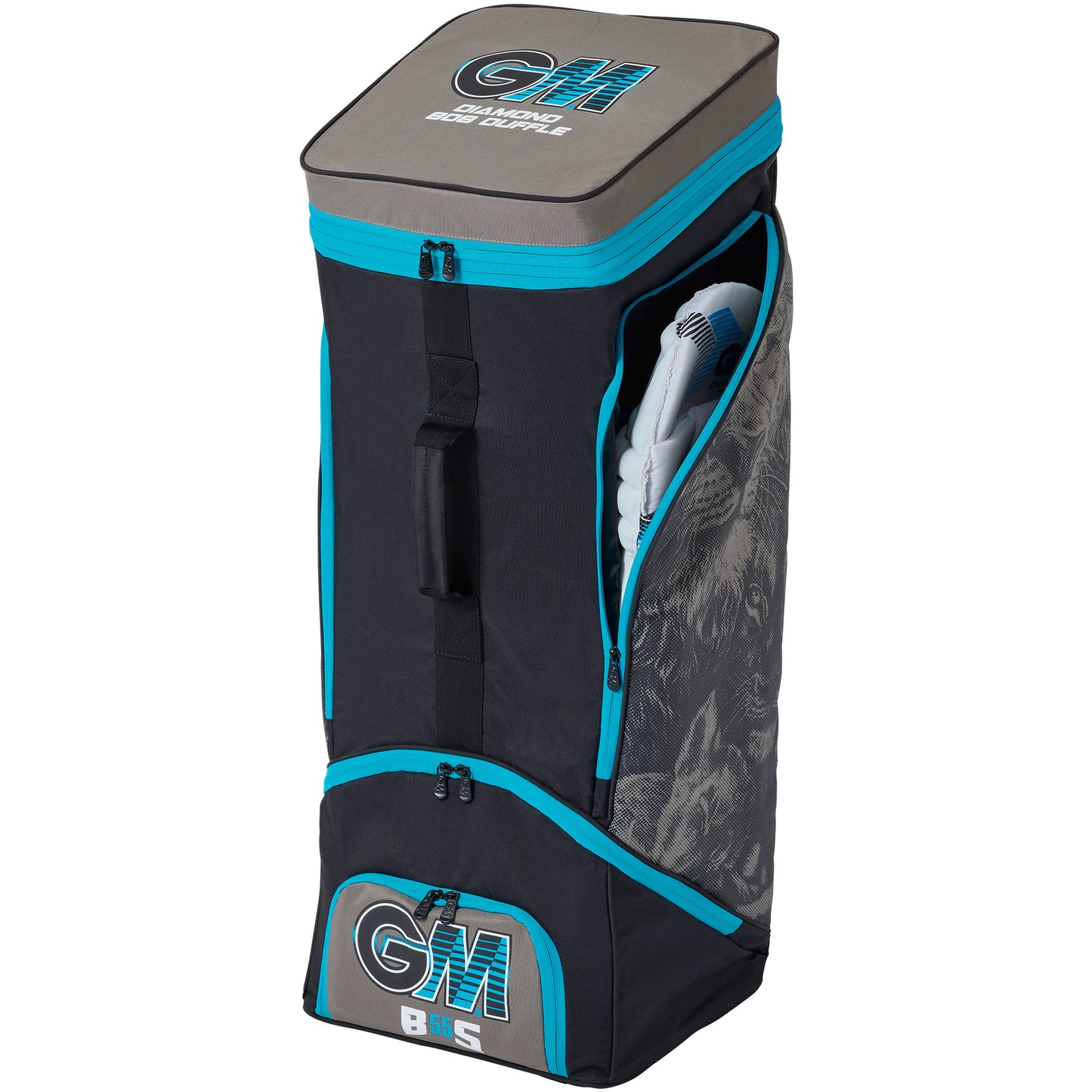 Angled view of the GM 808 Diamond Duffle cricket bag showing structure and storage layout.