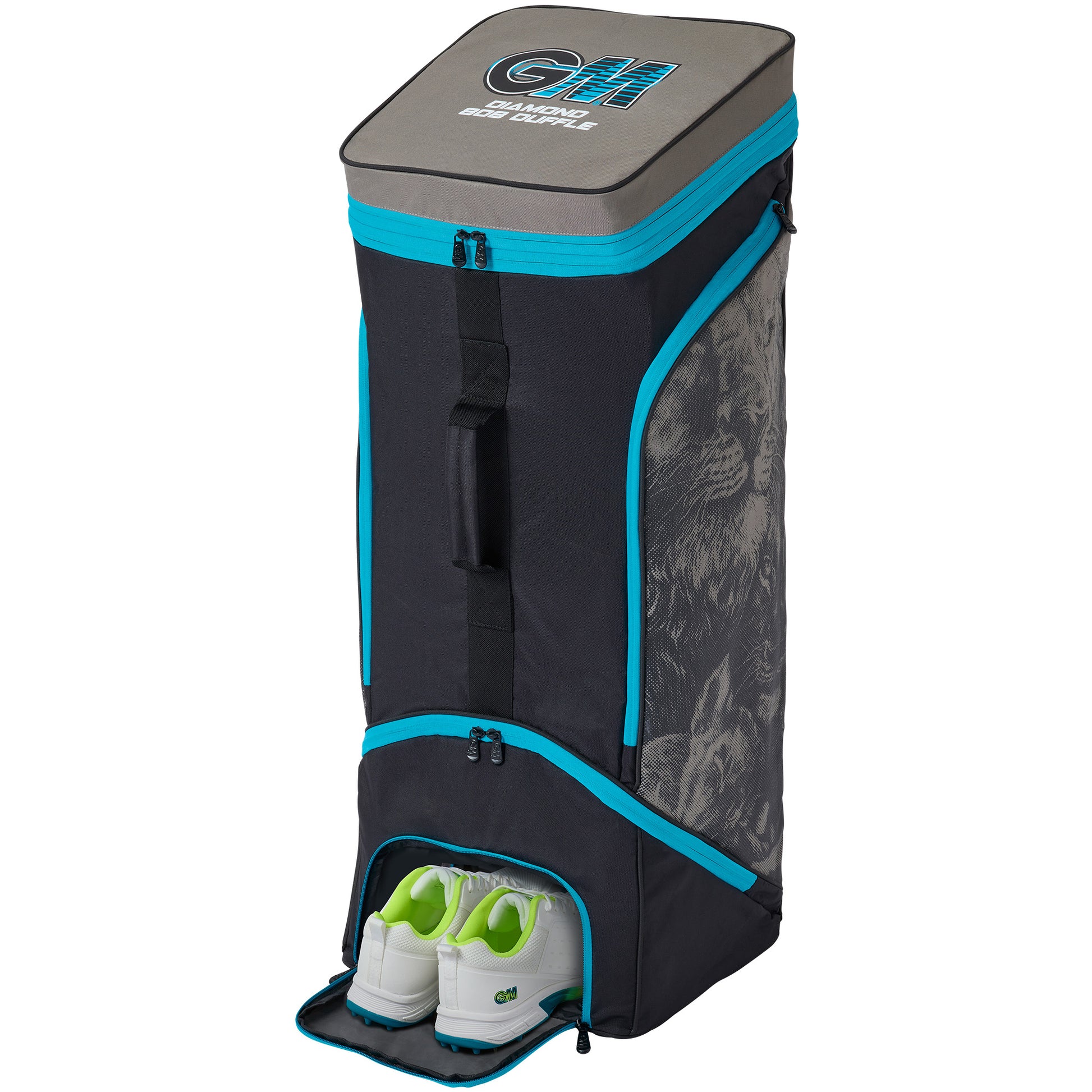 Detail view of the GM 808 Diamond Duffle cricket bag showing external pocket and zip design.