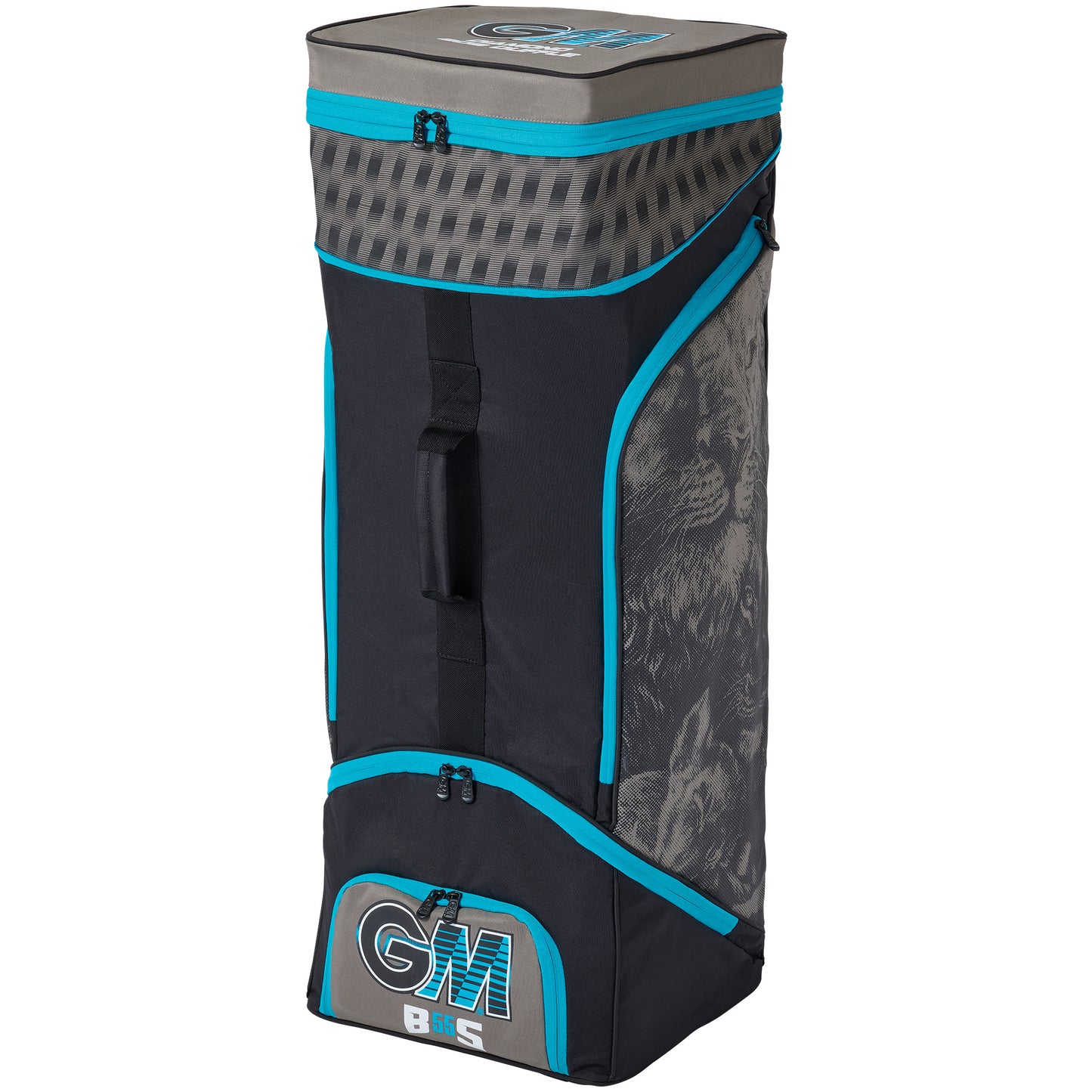 Side view of the GM 808 Diamond Duffle cricket bag highlighting its tall duffle profile.