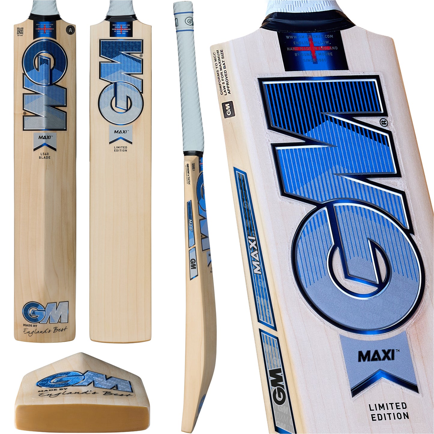 multiple views of Gunn & Moore Maxi LE Bat including toe, spine, and face