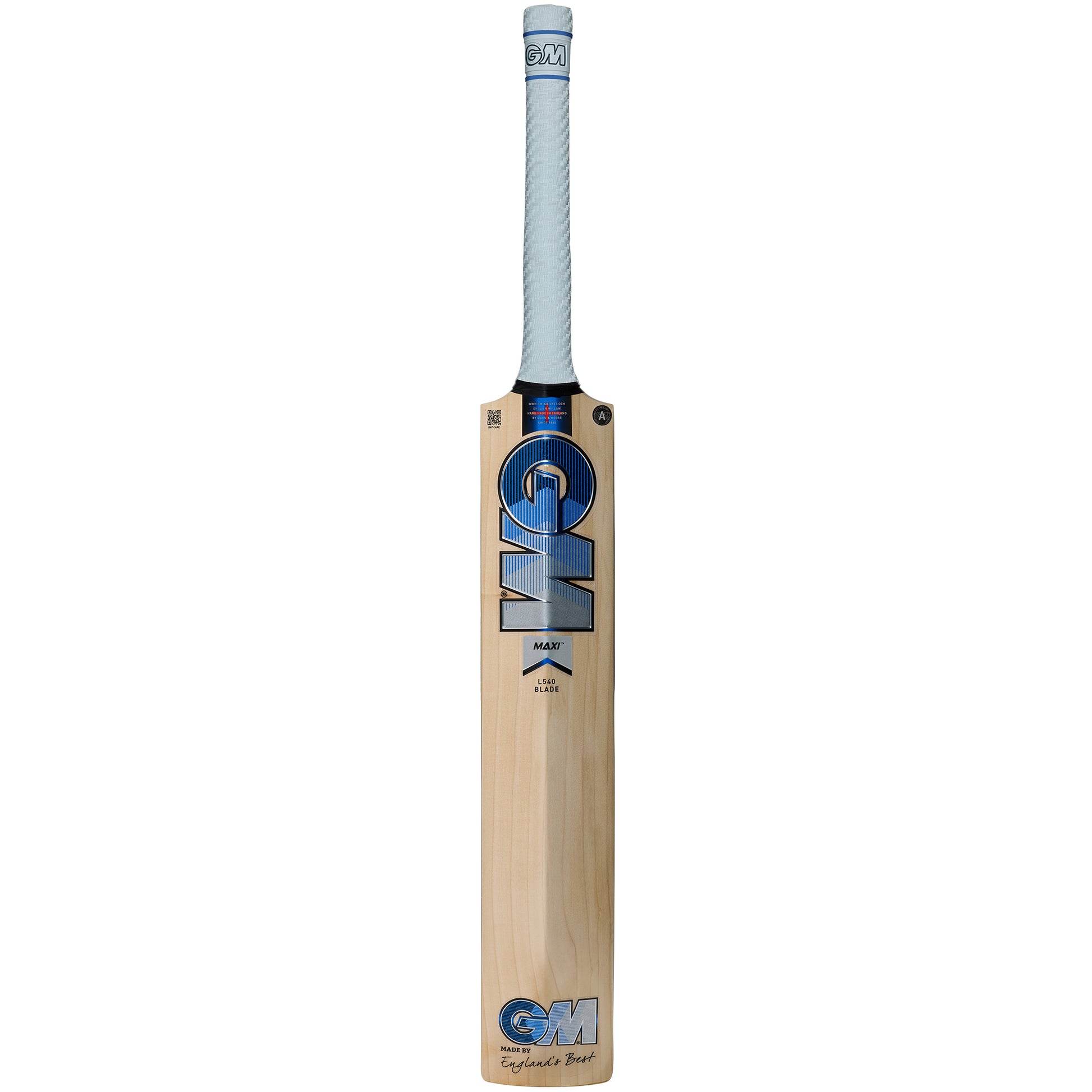 back view of Gunn & Moore Maxi LE Cricket Bat with blue GM graphics