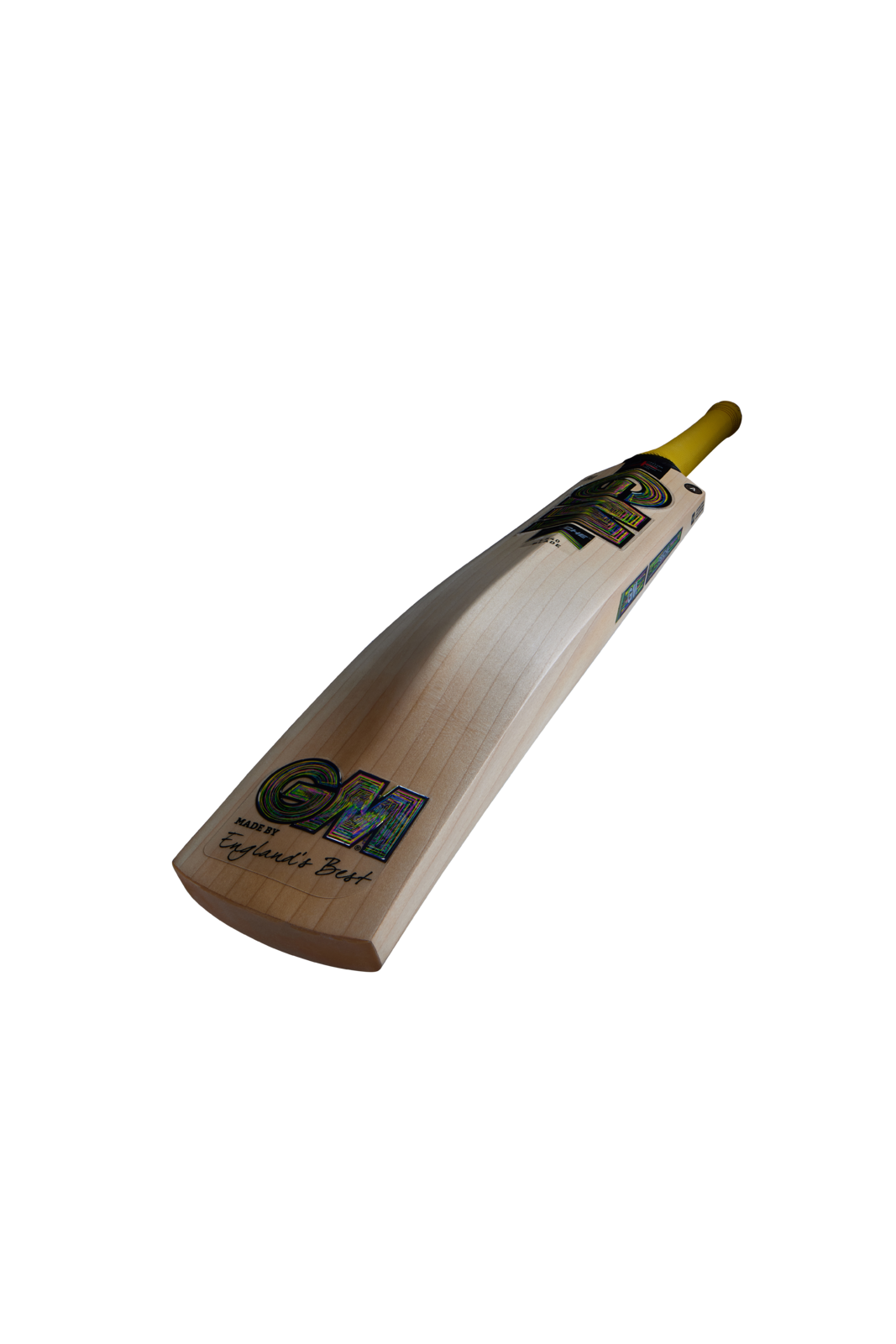 Angled back view of GM Psyche Original bat with stickers, spine and grain profile