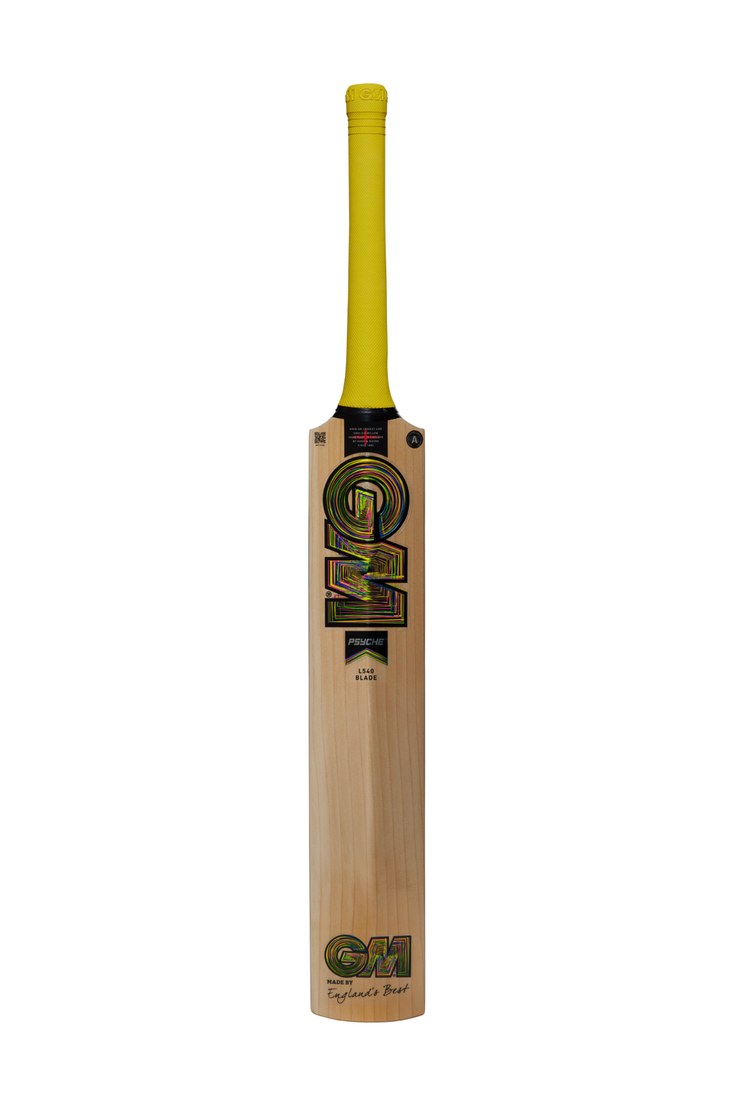 Back view of GM Psyche Signature bat highlighting sticker detail and spine contour