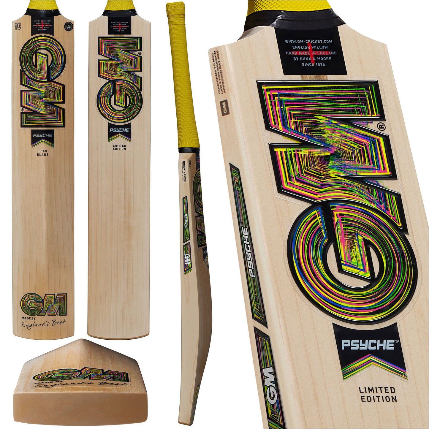 Triple view of GM Psyche Signature cricket bat showing front, back and side profiles