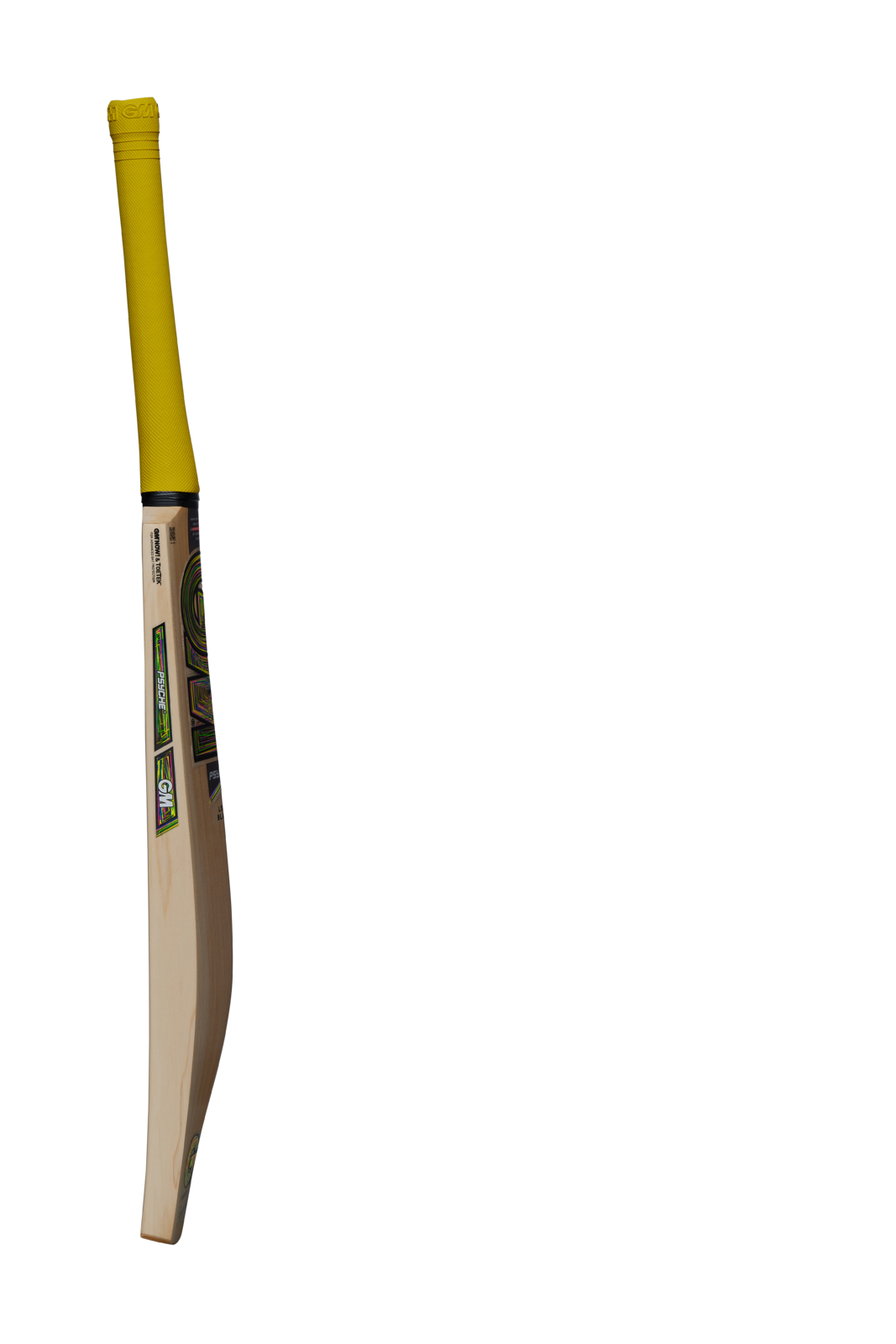 Side profile of GM Psyche Signature cricket bat showing mid swell and balanced shape