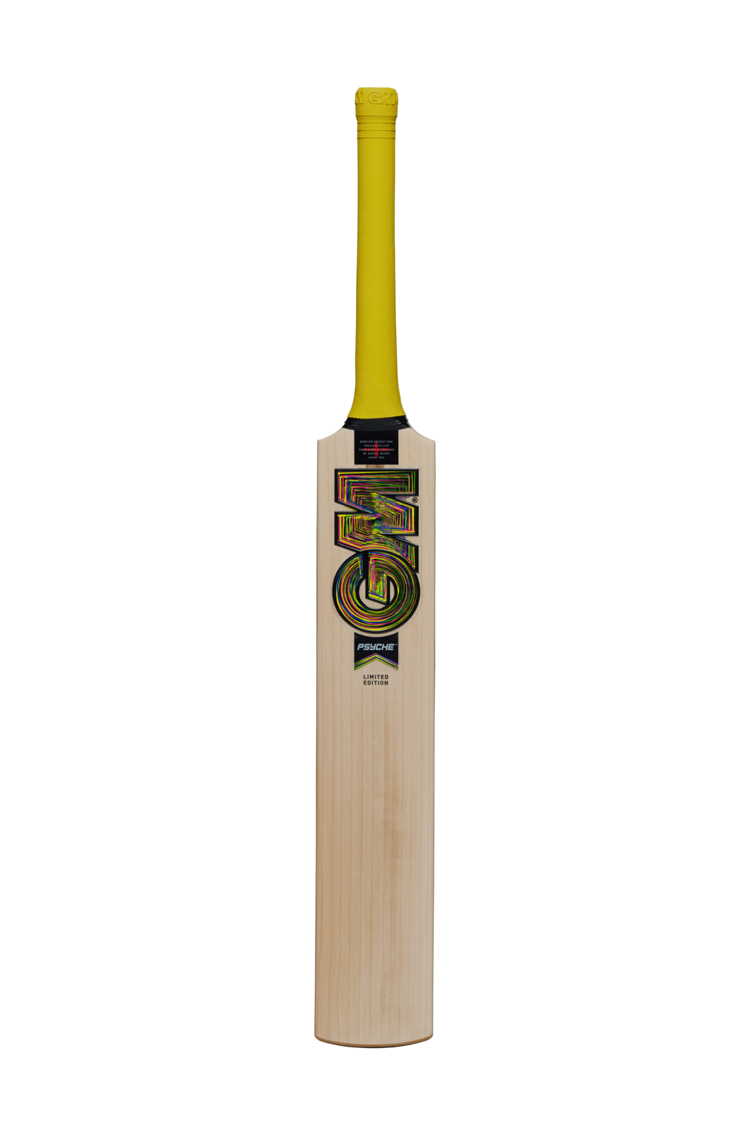 Full standing front view of GM Psyche Signature cricket bat with GM branding